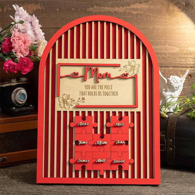 Mom Puzzle Piece Wooden Sign – Personalized Family Name Puzzle Plaque | Mother’s Day Gift for Mom, Grandma