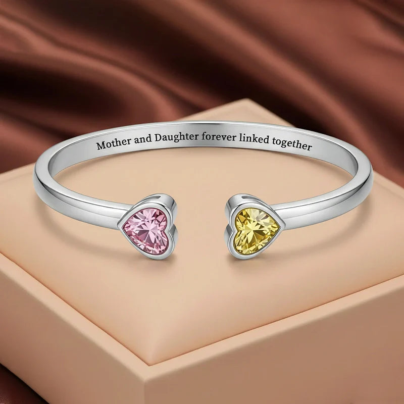 Mother & Daughter Double Heart Birthstone Bracelet – Personalized Adjustable Bracelet | Mother’s Day Gift for Mom