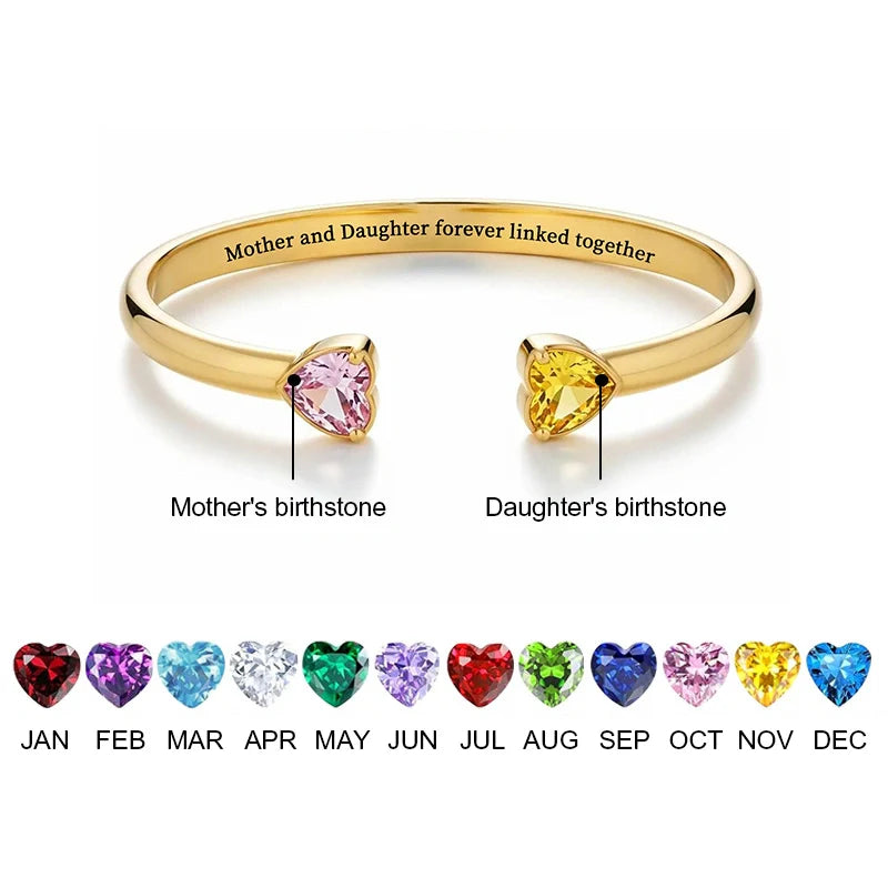 Mother & Daughter Double Heart Birthstone Bracelet – Personalized Adjustable Bracelet | Mother’s Day Gift for Mom