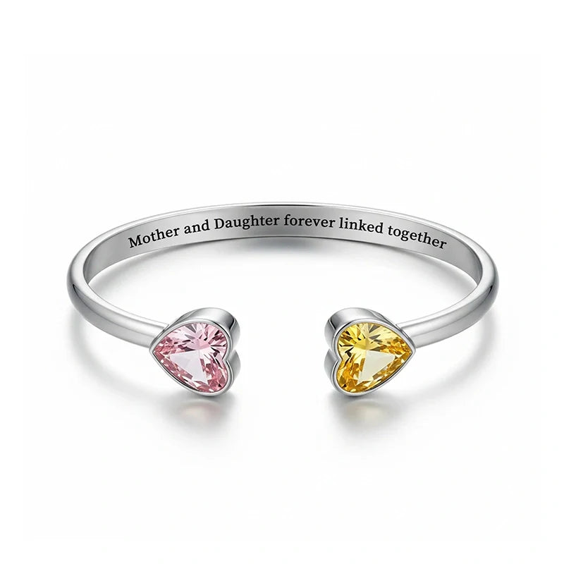 Mother & Daughter Double Heart Birthstone Bracelet – Personalized Adjustable Bracelet | Mother’s Day Gift for Mom