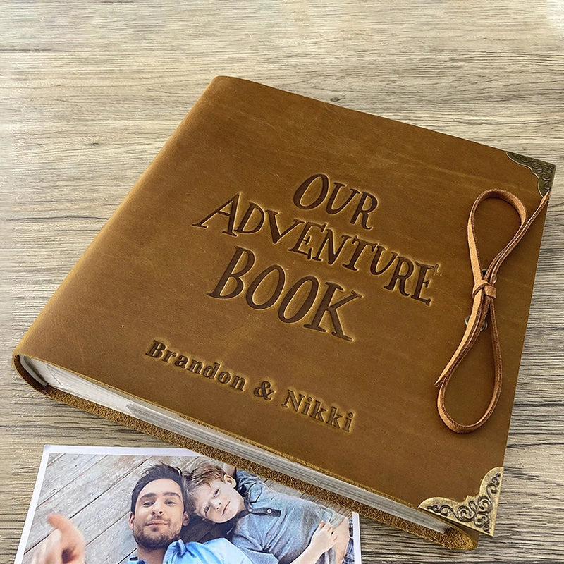 Our Adventure Book Leather Photo Album Scrapbook | Custom Wedding Guest Book & Travel Memory Album