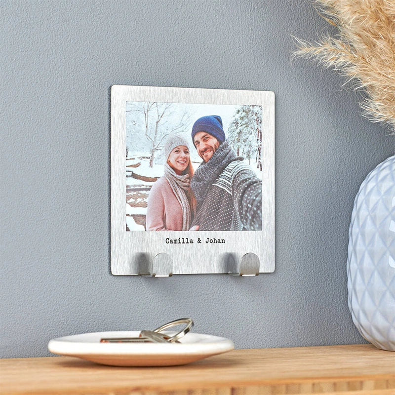 Personalised Stainless Steel Couples Photo Key Hook – Custom Photo Key Holder with Adhesive Wall Mount