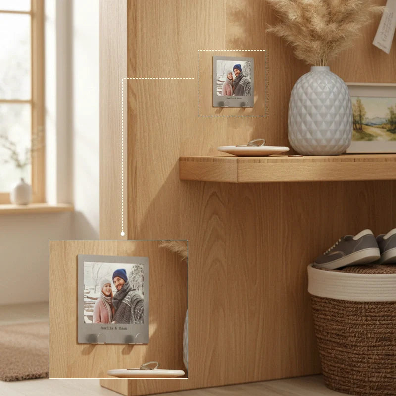 Personalised Stainless Steel Couples Photo Key Hook – Custom Photo Key Holder with Adhesive Wall Mount