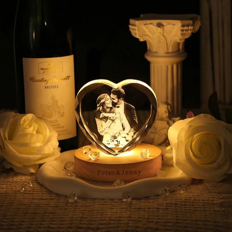 Personalized 3D Heart Crystal Photo with LED Light – Custom Engraved Crystal Portrait Gift for Anniversary, Christmas, Wedding & Couples