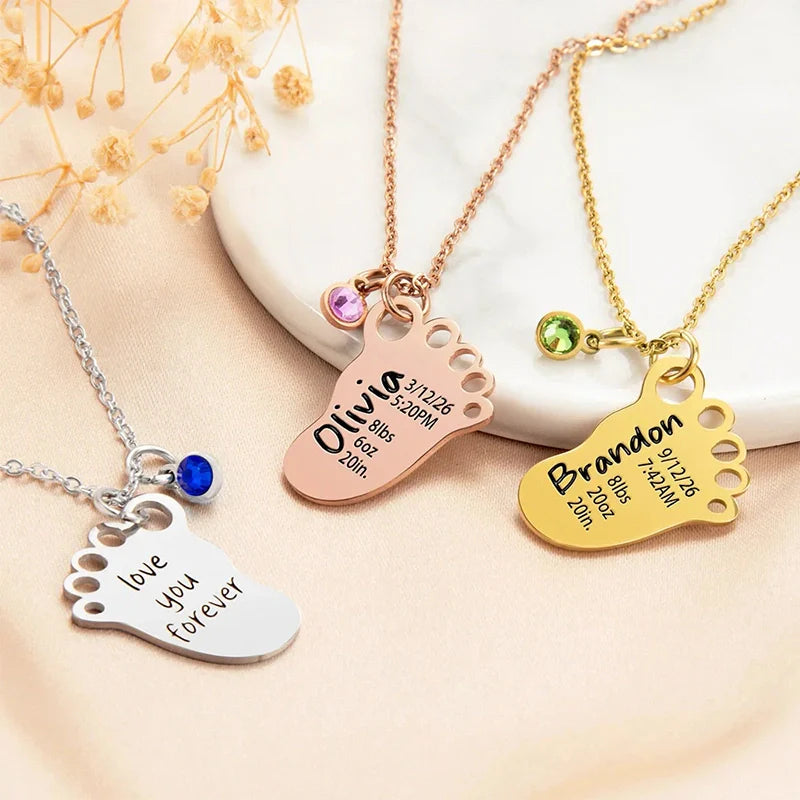 Personalized Baby Foot Necklace with Birthstone – Custom Birth Details Pendant for Mom | Mother’s Day Gift for New Mom