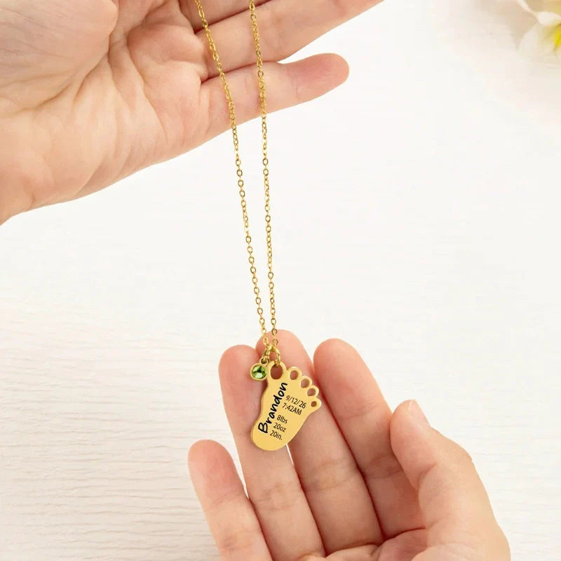 Personalized Baby Foot Necklace with Birthstone – Custom Birth Details Pendant for Mom | Mother’s Day Gift for New Mom