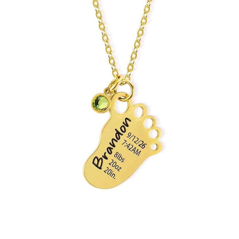 Personalized Baby Foot Necklace with Birthstone – Custom Birth Details Pendant for Mom | Mother’s Day Gift for New Mom