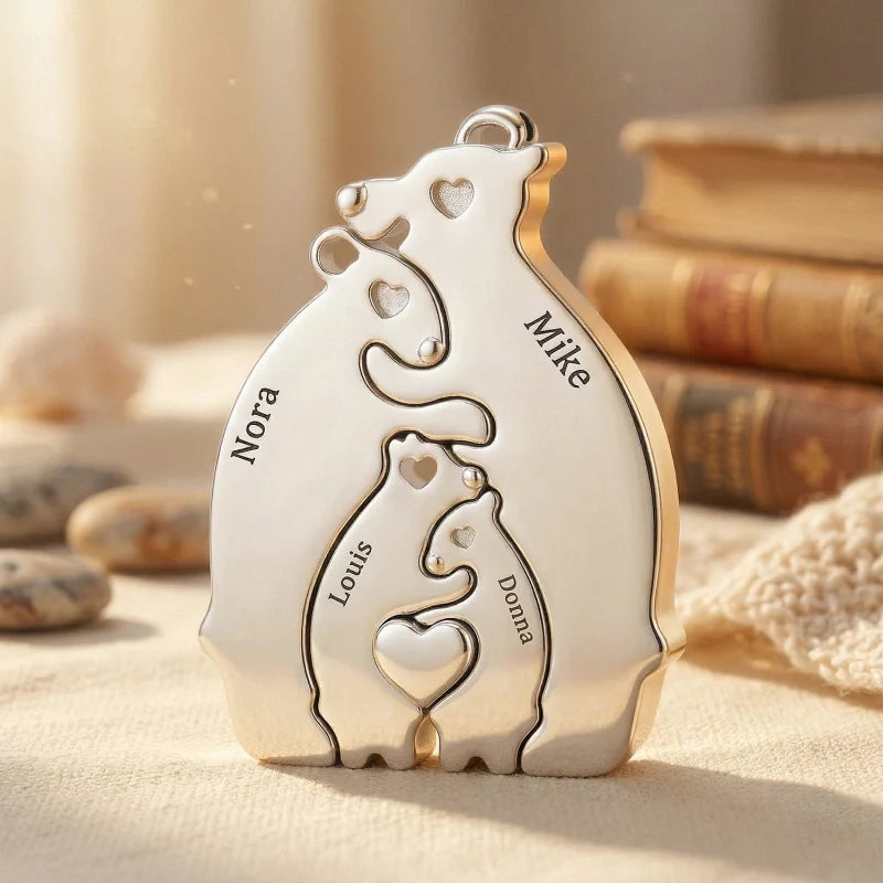 Personalized Bear Family Necklace – Custom Mom Necklace with Kids Names, Engraved Heart Pendant Gift