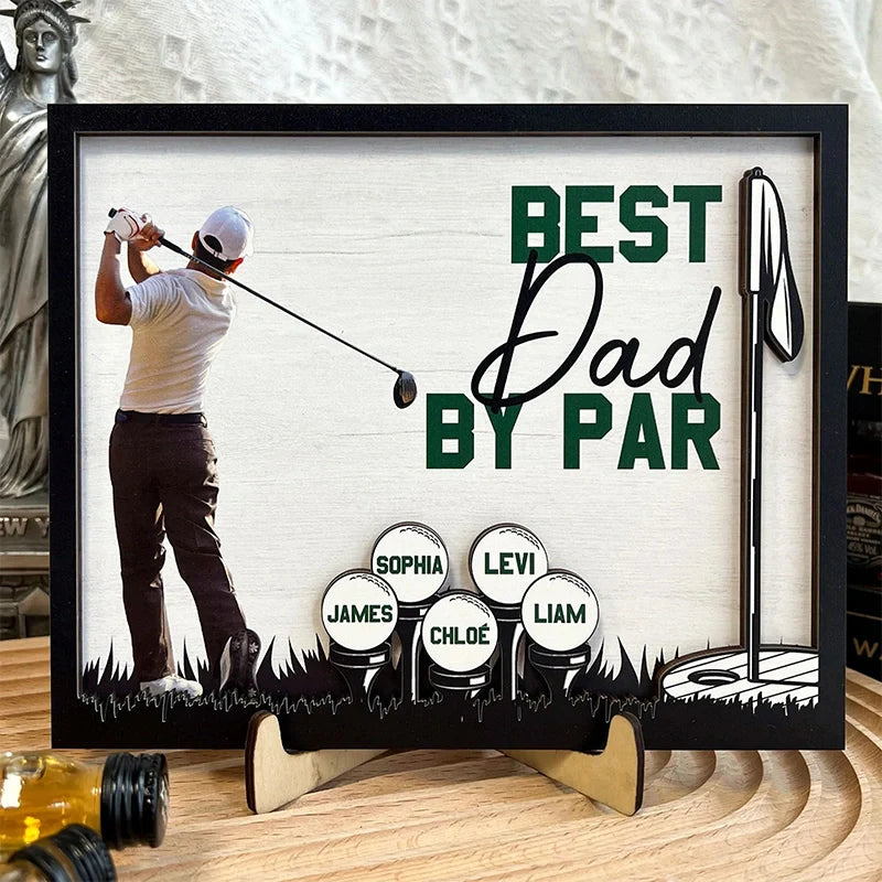 Personalized “Best Dad by Par” Wooden Photo Plaque – Custom Golf Gift with Kids’ Names