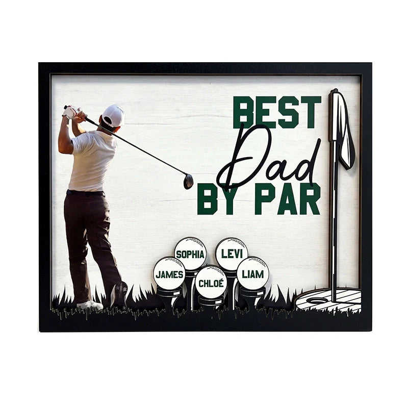 Personalized “Best Dad by Par” Wooden Photo Plaque – Custom Golf Gift with Kids’ Names