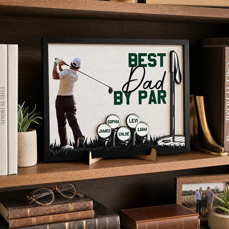 Personalized “Best Dad by Par” Wooden Photo Plaque – Custom Golf Gift with Kids’ Names