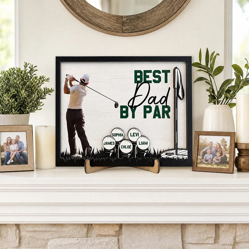 Personalized “Best Dad by Par” Wooden Photo Plaque – Custom Golf Gift with Kids’ Names