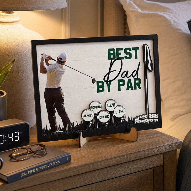 Personalized “Best Dad by Par” Wooden Photo Plaque – Custom Golf Gift with Kids’ Names