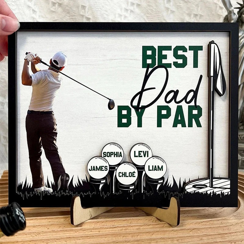 Personalized “Best Dad by Par” Wooden Photo Plaque – Custom Golf Gift with Kids’ Names