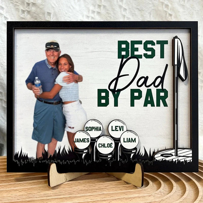 Personalized “Best Dad by Par” Wooden Photo Plaque – Custom Golf Gift with Kids’ Names