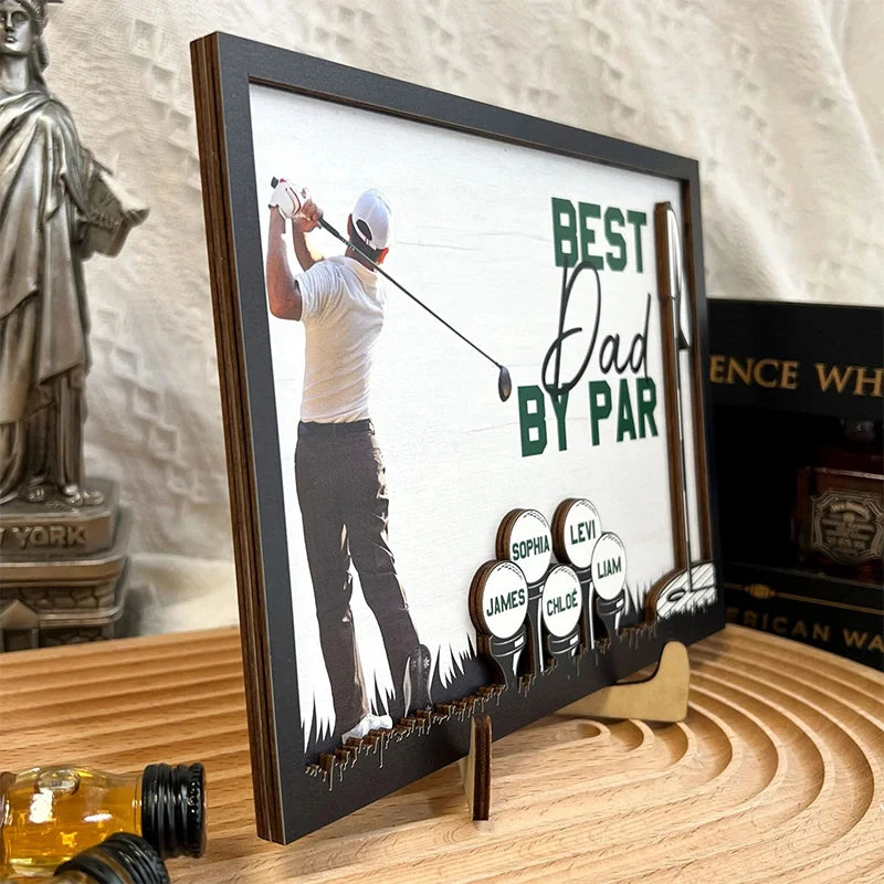 Personalized “Best Dad by Par” Wooden Photo Plaque – Custom Golf Gift with Kids’ Names