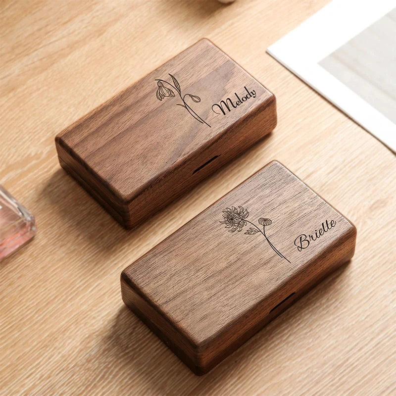 Personalized Birth Flower Black Walnut Jewelry Box – Custom Gift for Mom, Bridesmaids, or Her