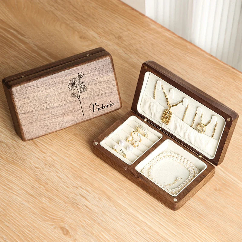Personalized Birth Flower Black Walnut Jewelry Box – Custom Gift for Mom, Bridesmaids, or Her