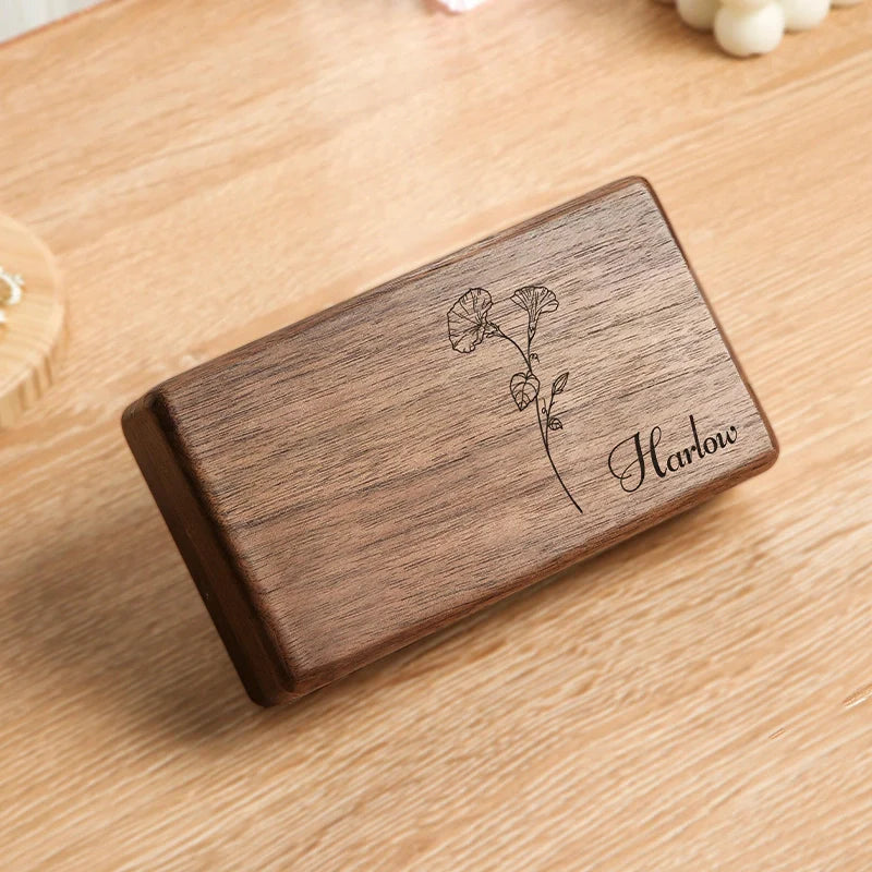 Personalized Birth Flower Black Walnut Jewelry Box – Custom Gift for Mom, Bridesmaids, or Her