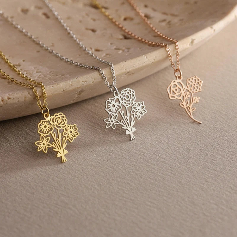 Personalized Birth Flower Bouquet Necklace – Custom Family Birth Flower Necklace for Mom