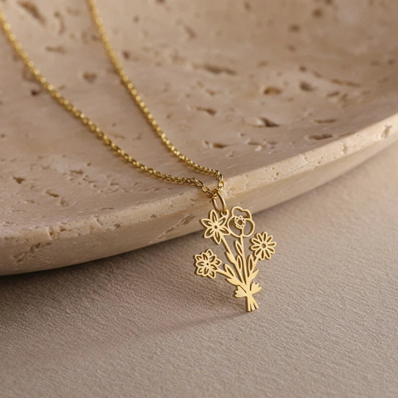 Personalized Birth Flower Bouquet Necklace – Custom Family Birth Flower Necklace for Mom