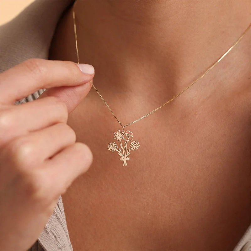 Personalized Birth Flower Bouquet Necklace – Custom Family Birth Flower Necklace for Mom