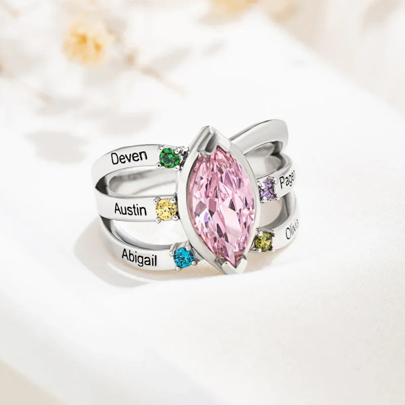 Personalized Birthstone Ring with Engraved Names – Custom Family Ring for Mom & Grandma | Mother’s Day Gift