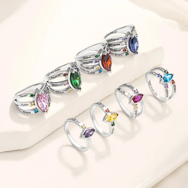 Personalized Birthstone Ring with Engraved Names – Custom Family Ring for Mom & Grandma | Mother’s Day Gift