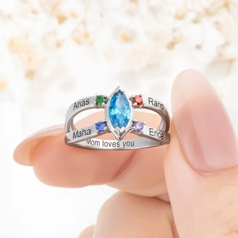 Personalized Birthstone Ring with Engraved Names – Custom Family Ring for Mom & Grandma | Mother’s Day Gift