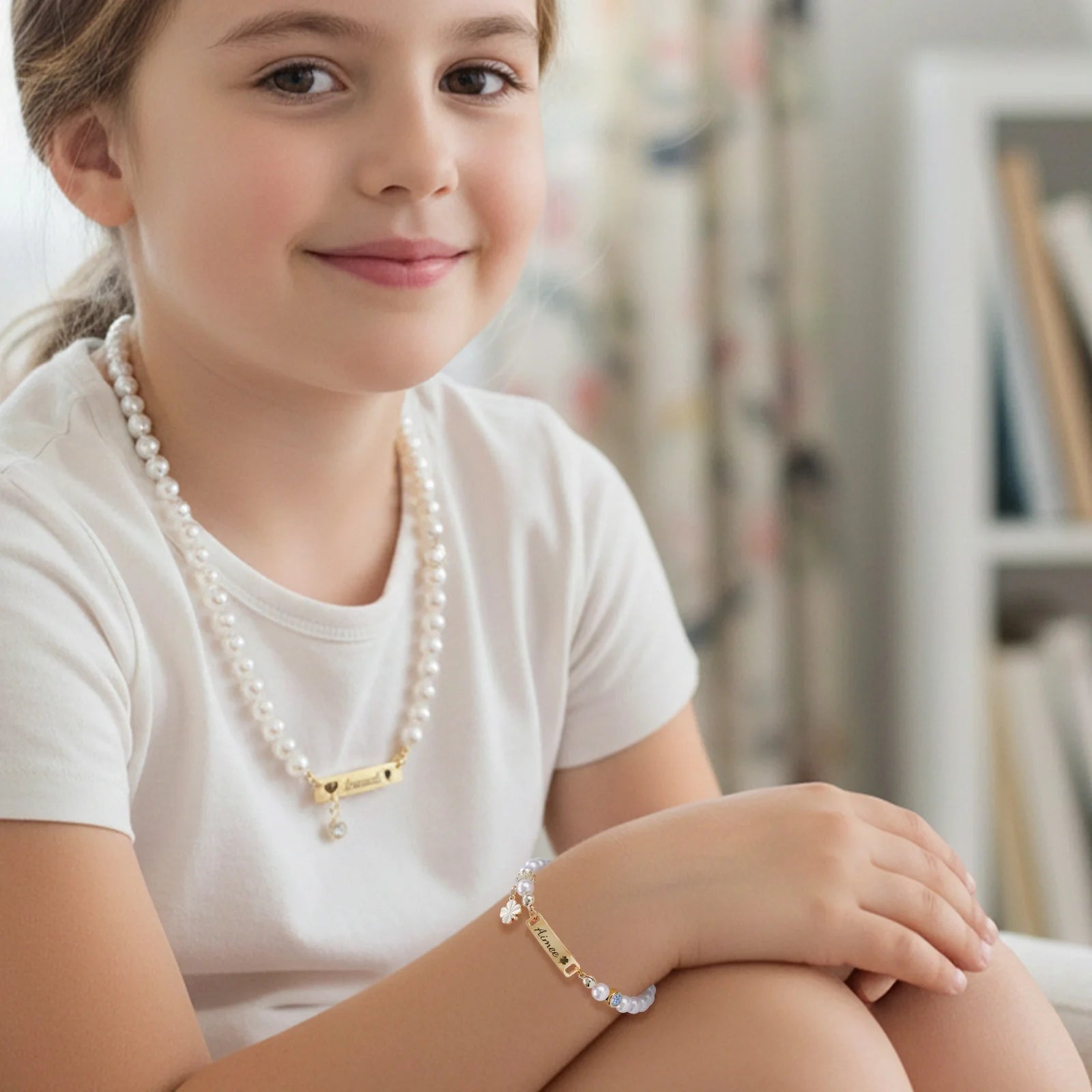 Personalized Children’s Pearl Bracelet & Necklace Set – Capture Your Child’s Zodiac Light and Growth Story