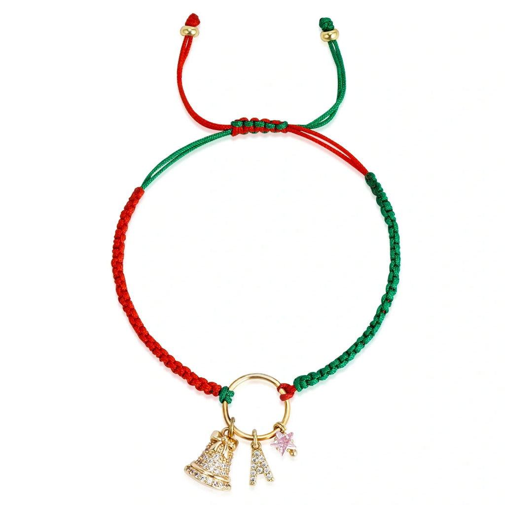 Personalized Christmas Bell Birthstone Bracelet – Custom Initial Charm, 18K Gold-Plated Woven Gift