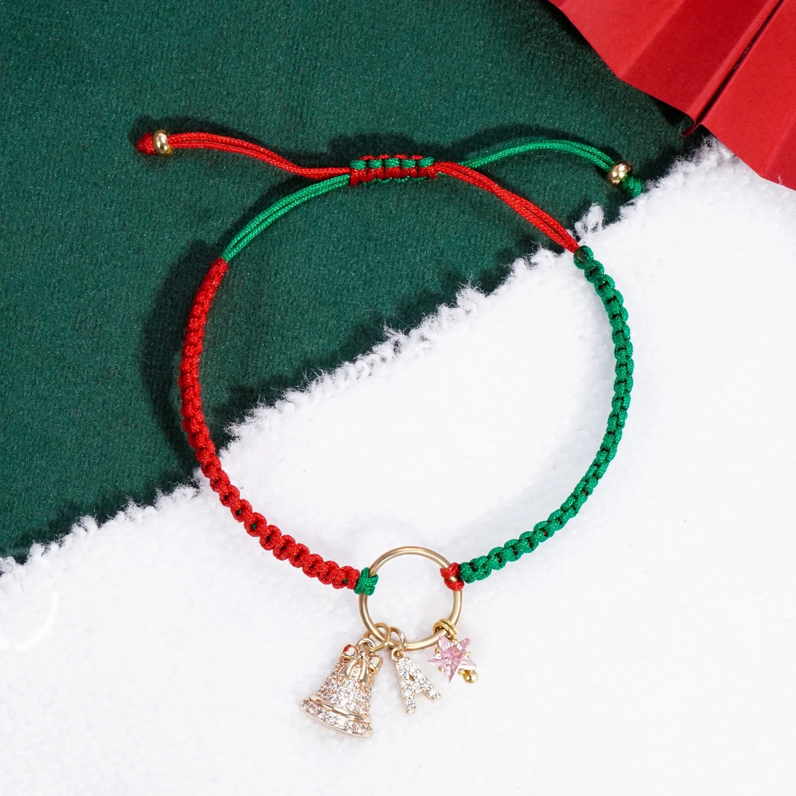 Personalized Christmas Bell Birthstone Bracelet – Custom Initial Charm, 18K Gold-Plated Woven Gift