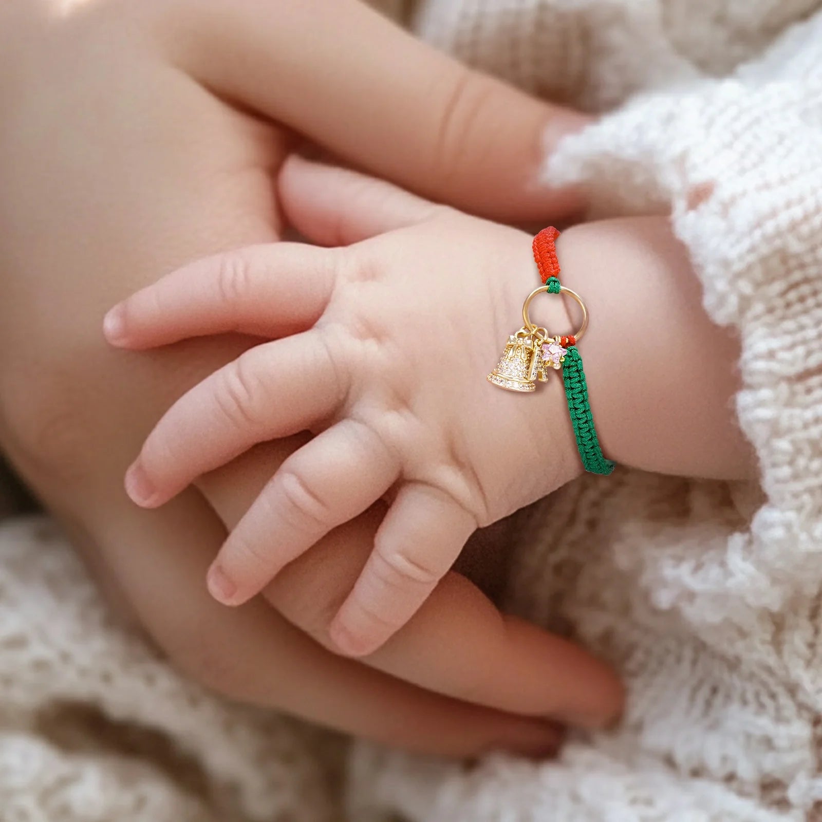 Personalized Christmas Bell Birthstone Bracelet – Custom Initial Charm, 18K Gold-Plated Woven Gift