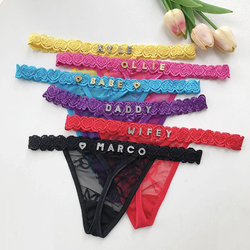Personalized Diamond Letter Thong – Custom Rhinestone Name Lingerie, Naughty Gift for Couples