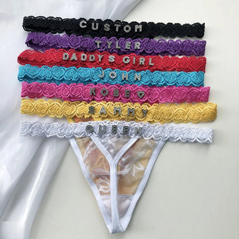 Personalized Diamond Letter Thong – Custom Rhinestone Name Lingerie, Naughty Gift for Couples