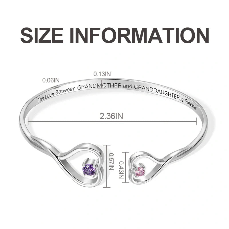 Personalized Double Heart Birthstone Bangle – Custom Engraved Bracelet for Grandma & Granddaughter | Mother’s Day Gift