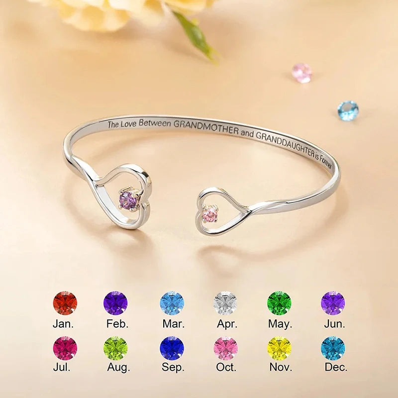 Personalized Double Heart Birthstone Bangle – Custom Engraved Bracelet for Grandma & Granddaughter | Mother’s Day Gift