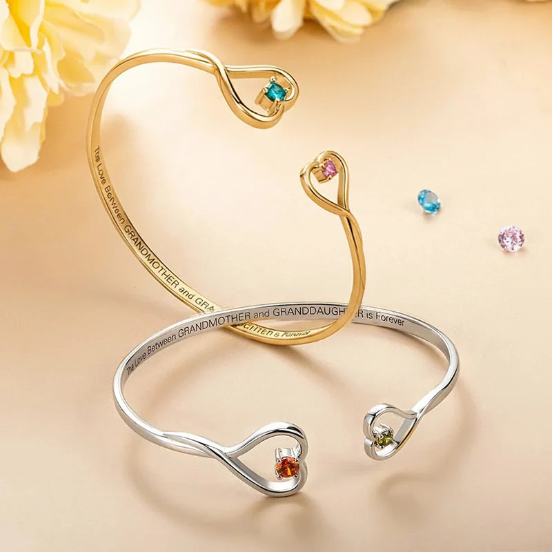 Personalized Double Heart Birthstone Bangle – Custom Engraved Bracelet for Grandma & Granddaughter | Mother’s Day Gift