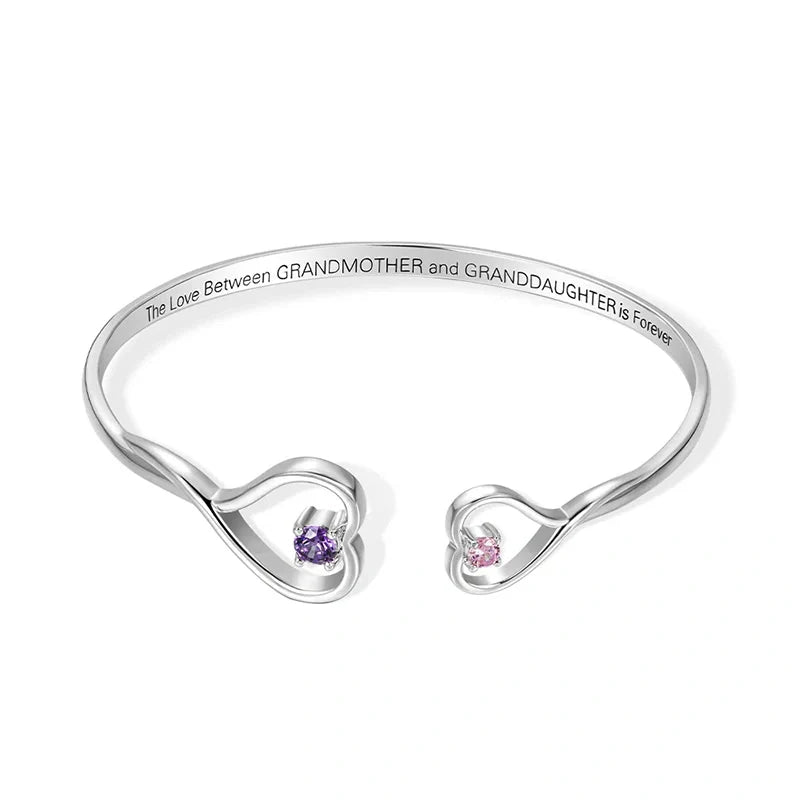 Personalized Double Heart Birthstone Bangle – Custom Engraved Bracelet for Grandma & Granddaughter | Mother’s Day Gift