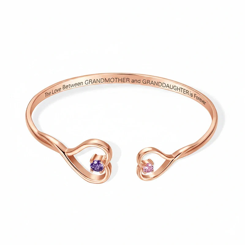 Personalized Double Heart Birthstone Bangle – Custom Engraved Bracelet for Grandma & Granddaughter | Mother’s Day Gift
