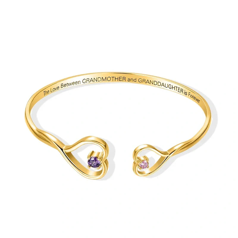 Personalized Double Heart Birthstone Bangle – Custom Engraved Bracelet for Grandma & Granddaughter | Mother’s Day Gift