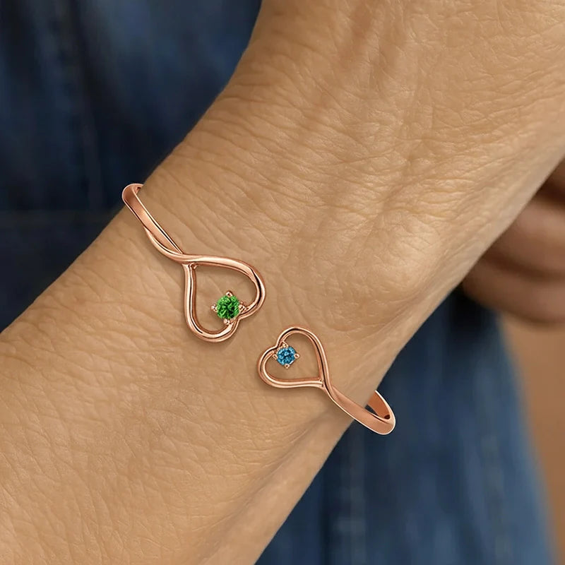 Personalized Double Heart Birthstone Bangle – Custom Engraved Bracelet for Grandma & Granddaughter | Mother’s Day Gift