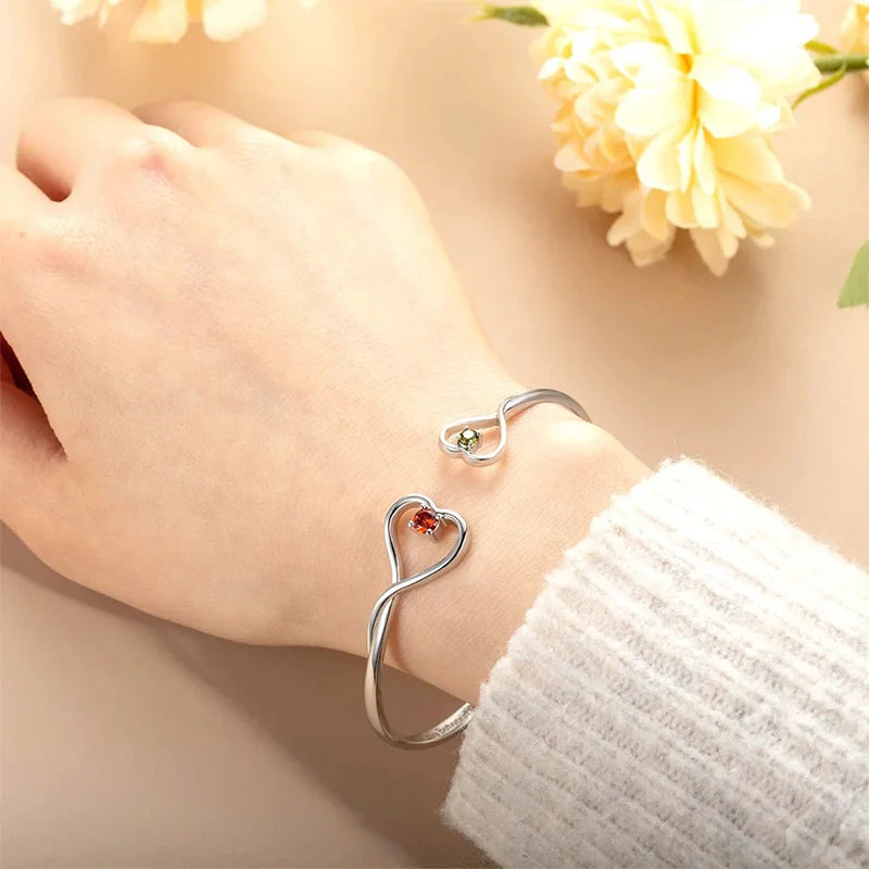 Personalized Double Heart Birthstone Bangle – Custom Engraved Bracelet for Grandma & Granddaughter | Mother’s Day Gift