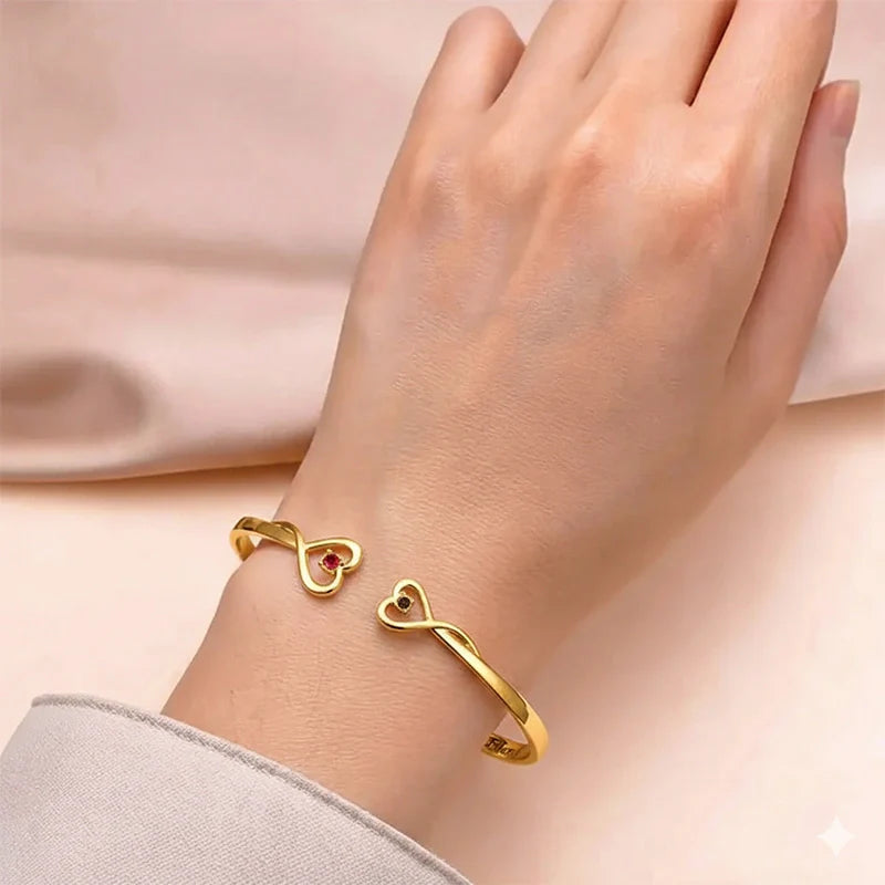 Personalized Double Heart Birthstone Bangle – Custom Engraved Bracelet for Grandma & Granddaughter | Mother’s Day Gift