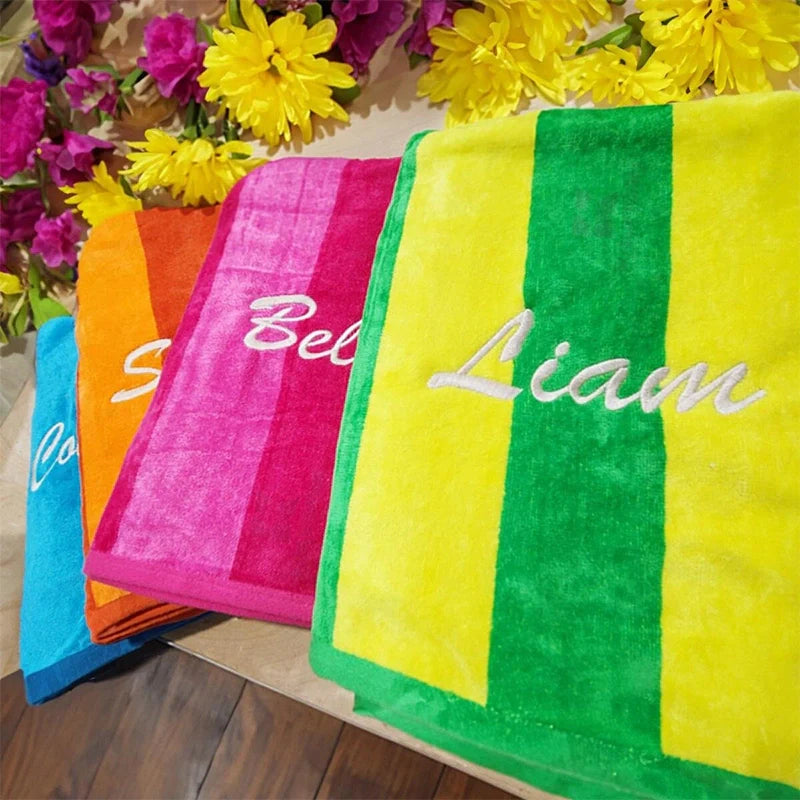 Personalized Embroidered Velour Beach Towel – Premium 100% Cotton Striped Towel