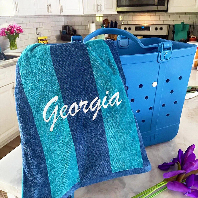Personalized Embroidered Velour Beach Towel – Premium 100% Cotton Striped Towel