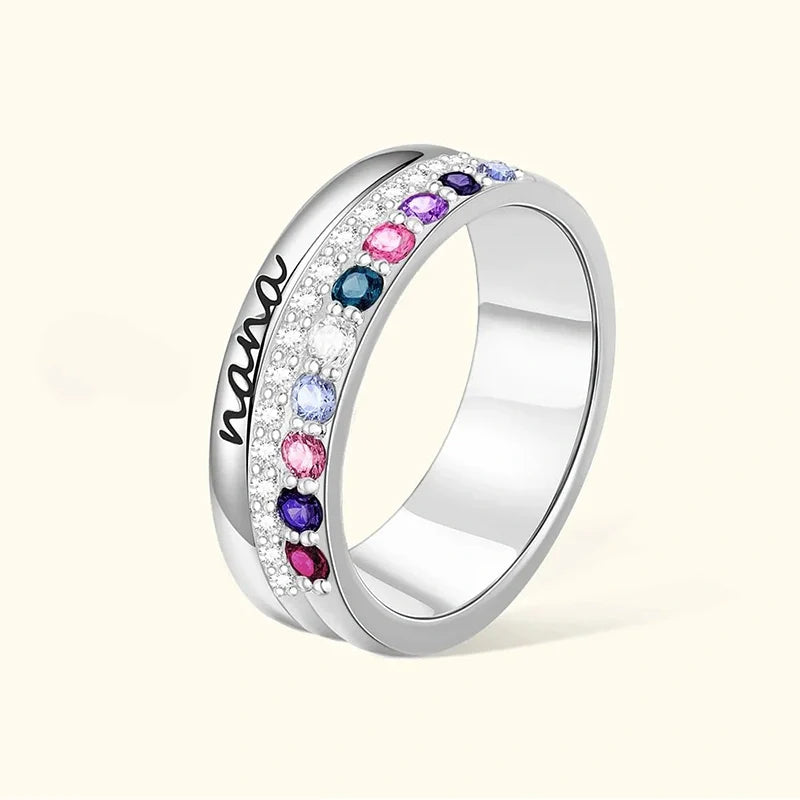 Personalized Family Birthstone Ring with Engraving – Custom Zircon Jewelry Gift for Mom & Grandma