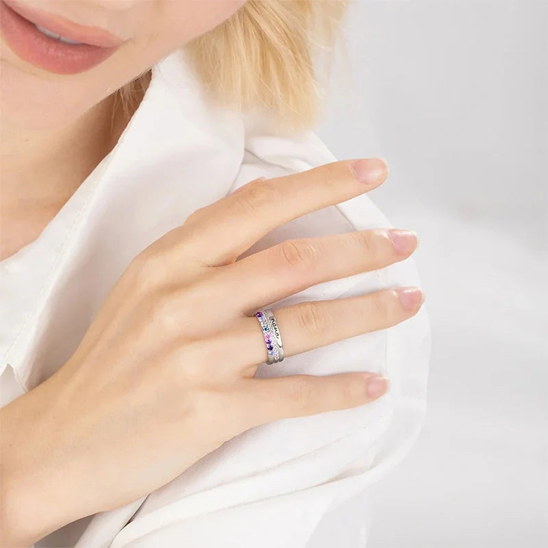 Personalized Family Birthstone Ring with Engraving – Custom Zircon Jewelry Gift for Mom & Grandma