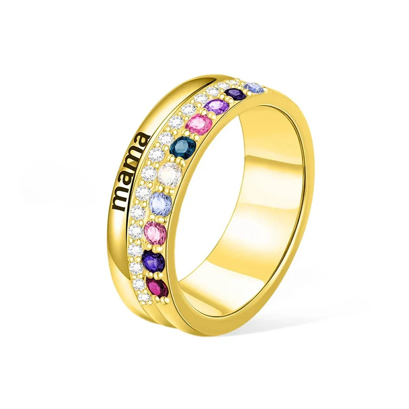 Personalized Family Birthstone Ring with Engraving – Custom Zircon Jewelry Gift for Mom & Grandma