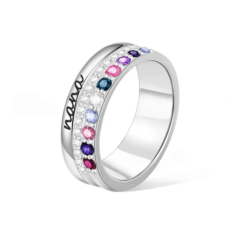 Personalized Family Birthstone Ring with Engraving – Custom Zircon Jewelry Gift for Mom & Grandma